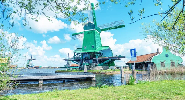 Zaanse Schans Holland Klassische Windmühle Mit Kanal Und Bäumen — Stockfoto