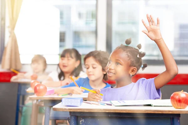 Multi Etnische Klas Basisschool Afrikaanse Meisje Verhogen Anderzijds Vanuit Stralen — Stockfoto