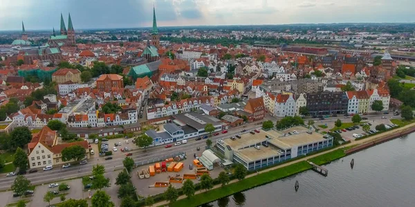 Vista Aérea Lubeck Pôr Sol Alemanha — Fotografia de Stock