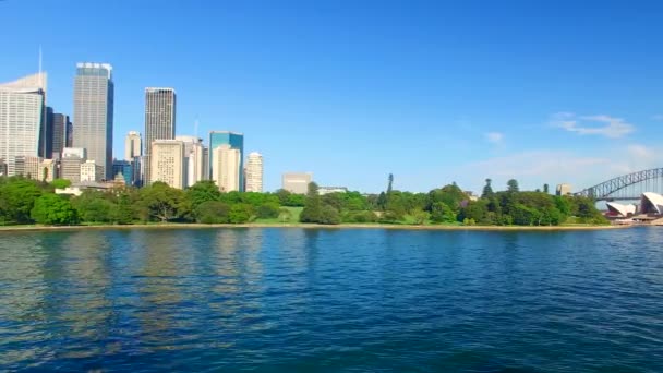 Vista Aérea Edifícios Baía Sydney Parque Dia Ensolarado Austrália Vídeo — Vídeo de Stock