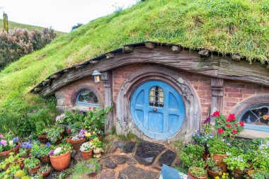 Scenery view of Hobbiton movie set in Alexander Farm, New Zealand. clipart