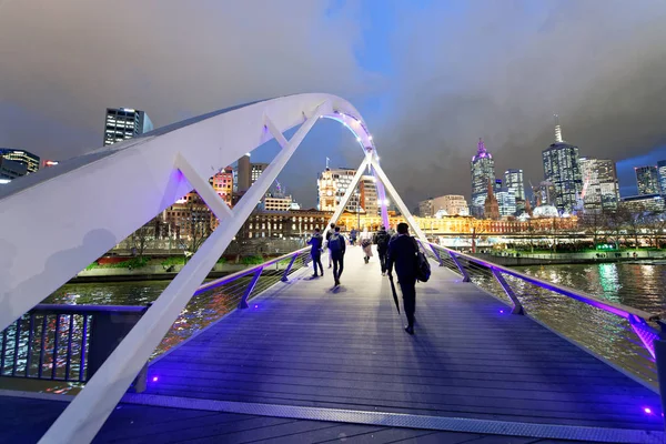 stock image City skyscrapers and Yarra river at night from Southbank Footbridge, Melbourne.