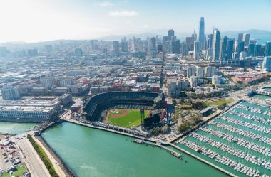 SAN FRANCISCO - AUGUST 2017: Aerial view of San Francisco skyline on a beautiful sunny summer day. The city attracts 20 million tourists annually. clipart