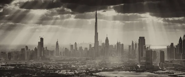 Centro Dubai Skyline Desde Helicóptero Vista Aérea Con Retroiluminación Emiratos — Foto de Stock