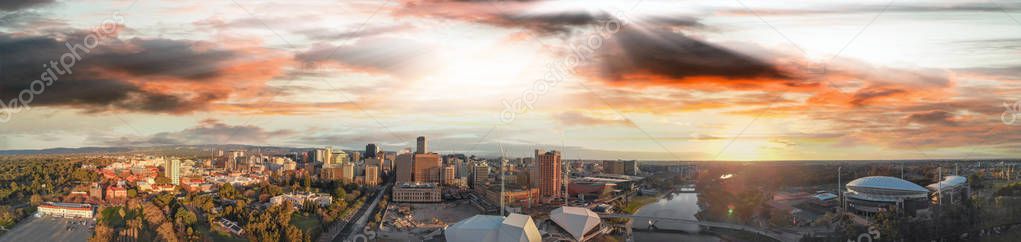 Stunning aerial panoramic view of Adelaide skyline at sunset, South Australia.
