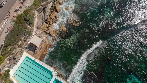 Aerial overhead view of Bondi Beach Pools area, Australia.