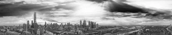 Panoramic aerial view of Melbourne from helicopter, Australia in black and white view.