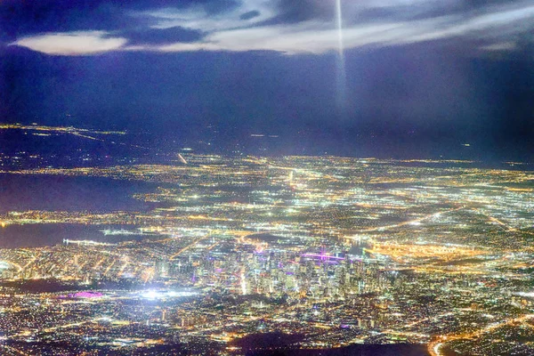 Atemberaubende Melbourner Nachtluft Skyline Aus Dem Flugzeug Victoria Australien — Stockfoto