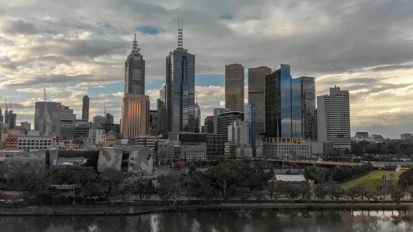 Melbourne Austrália Pôr Sol Panorama Aéreo Cidade Skyline — Fotografia de Stock