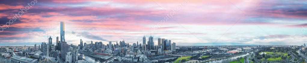 Melbourne, Australia. Sunset aerial panorama of city skyline.