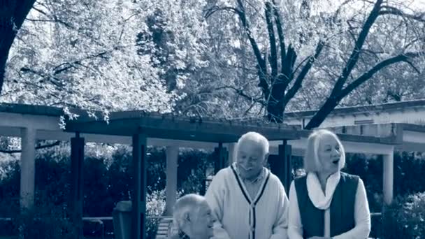 Дві Пари Похилого Віку Розмовляють Лікарняному Саду Молодою Медсестрою Сепія — стокове відео