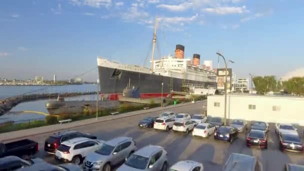 Flygfoto Över Queen Mary Dockad Long Beach Kalifornien — Stockvideo