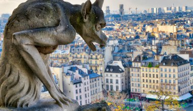 Chimera (canavar) Paris güzel güneşli bir günde bakan Notre Dame de Paris Katedrali.