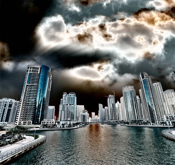 Vacker Solnedgång Skyline Dubai Marina Förenade Arabemiraten — Stockfoto