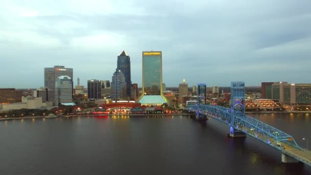 Amazing Sunset Aerial Skyline Jacksonville Bridge — Stock Video