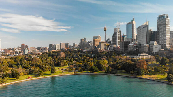Sydney Harbour aerial panoramic view at sunset, New South Wales, Australia.