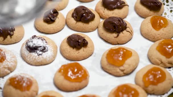 Cookies Com Compota Chocolate Close Vista Aérea — Vídeo de Stock
