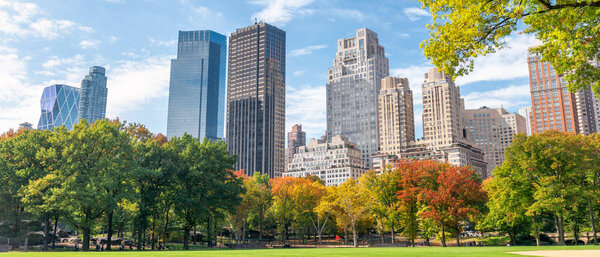 Buildings and skyscrapers of New York City from Central Park in foliage season.