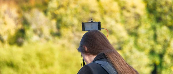 Vrouw Maken Van Foto Met Statief Central Park Tijdens Gebladerte — Stockfoto