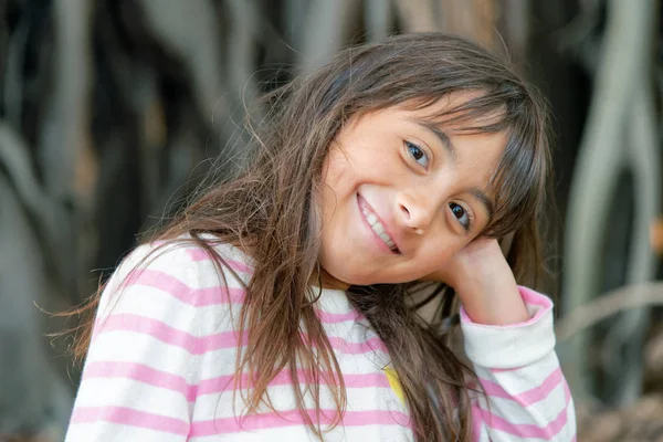 Happy Beautiful Young Girl Front Big Tree Night — Stock Photo, Image