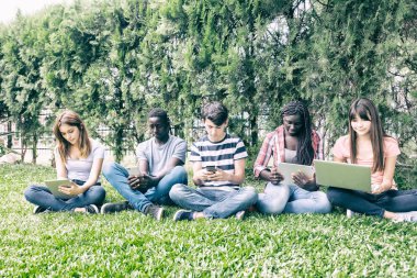 Çimenler üzerinde ders yapan çok ırklı gençlerden oluşan bir grup.