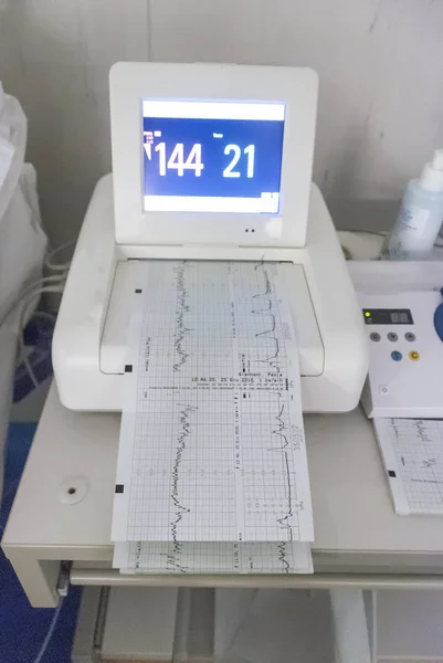 Close up of heart monitor in delivery room. ECG monitor showing heart beat of patient and baby.