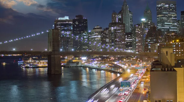 New York City Manhattan Panorama Blick Der Nacht Mit Bürogebäuden — Stockfoto