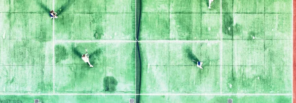 Aerial View Outdoor Green Red Hard Tennis Court Four Players — Stock Photo, Image