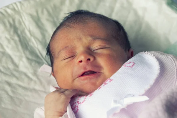 Newborn First Days Life Baby Laying Bed Detail Mouth — Stock Photo, Image