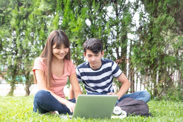 Casal Feliz Adolescentes Livre Usando Laptop Grama — Fotografia de Stock