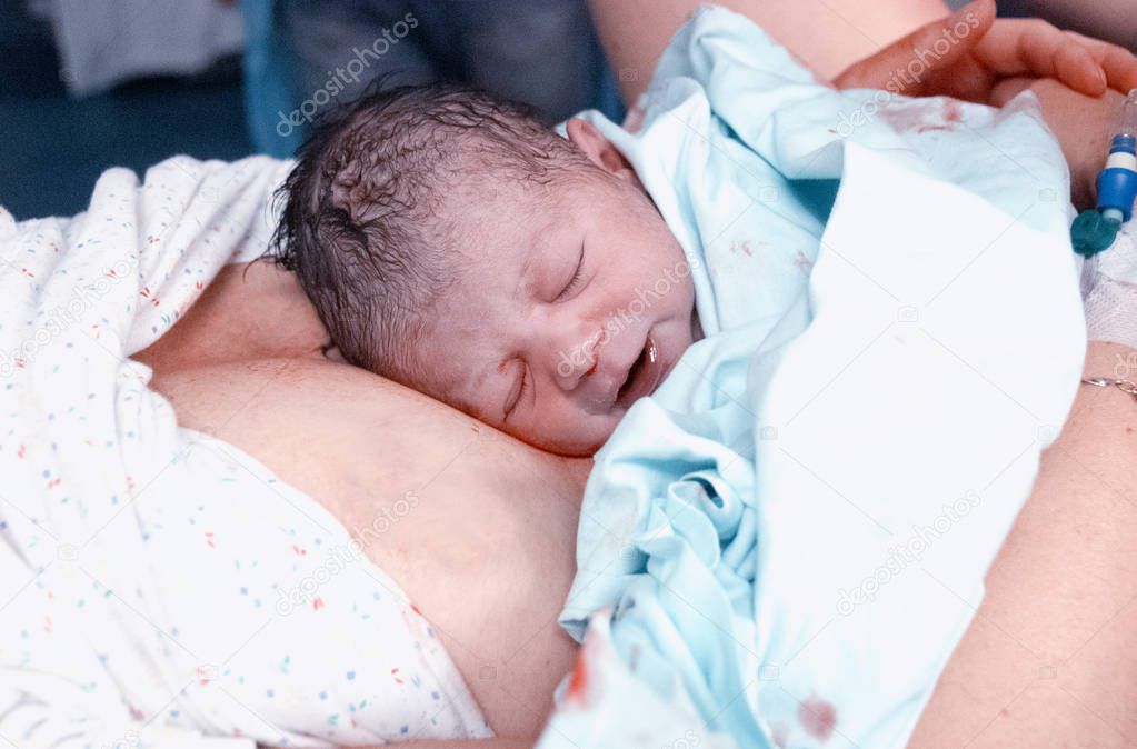 Close-up of a newborn sleeping on mother's breast in hospital delivery room, immediately after birth.