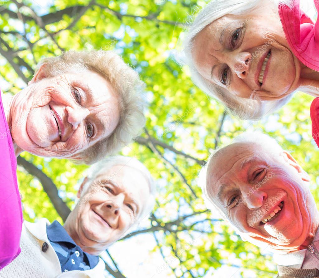 Happy elderly couples smiling outdoor in the garden, upward view, detail on hands and faces
