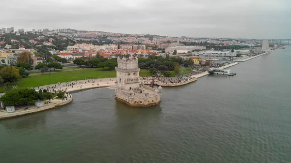 Vista Aérea Torre Belém Dia Nublado Lisboa Portugal — Fotografia de Stock