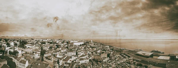 Antenowe Panoramę Lizbony Zachodzie Słońca — Zdjęcie stockowe