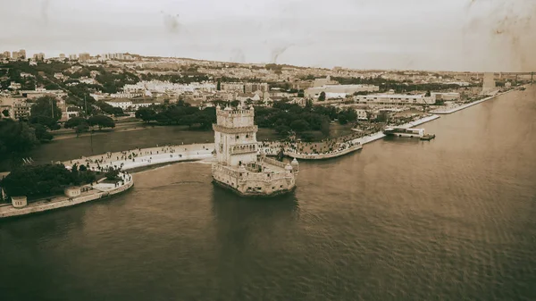 Εναέρια Θέα Στον Πύργο Του Μπελέμ Συννεφιασμένη Μέρα Λισαβόνα Πορτογαλία — Φωτογραφία Αρχείου
