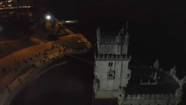 Vista Aérea Noturna Antiga Torre Belém Lisboa — Fotografia de Stock