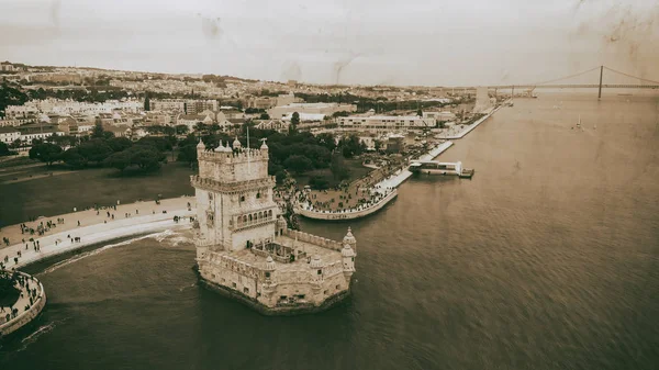 Belem Kulesi Havadan Görünümü Bulutlu Gün Lizbon Portekiz — Stok fotoğraf