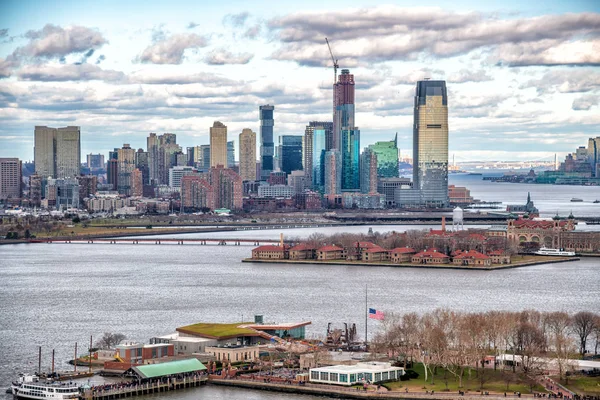 Rezsi Légifelvételek Ofjersey City Skyline Ellis Sziget George Washington Híd — Stock Fotó