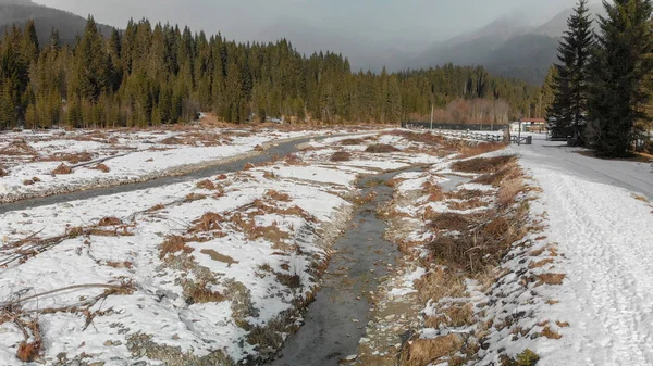 Aerial Panoramautsikt Över Berget Dalen Vinter Med Snö Skog Och — Stockfoto