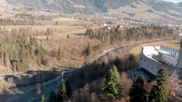 Castelo Lienz Vista Aérea Inverno Áustria — Vídeo de Stock