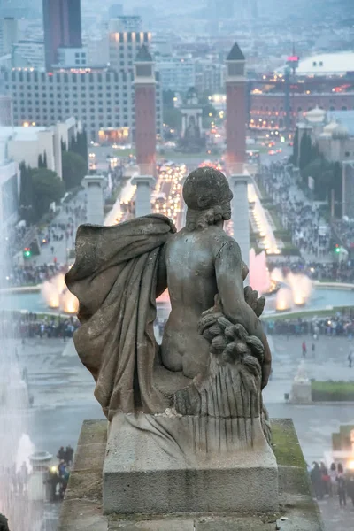 Statua Del Parc Montjuic Piazza Spagna Sullo Sfondo Vista Notte — Foto Stock