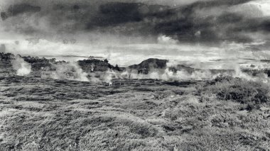 Craters of the moon natural park, Rotorua. Aerial view of New Zealand geysers.