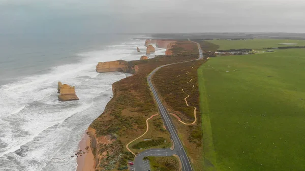 Widok Lotu Ptaka Dwunastu Apostołów Wzdłuż Great Ocean Road Czasie — Zdjęcie stockowe