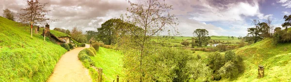 Casas Hobbit Hobbiton Nueva Zelanda Vista Panorámica Del Hermoso Campo — Foto de Stock