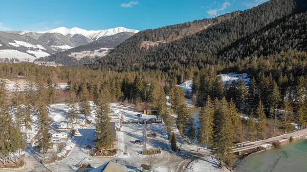 Lac Dobbiaco Vue Aérienne Depuis Drone Autriche — Photo