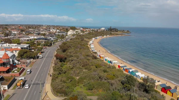 Panorama Flygfoto Över Brighton Beach Färgglada Hyddor Victoria Australien — Stockfoto