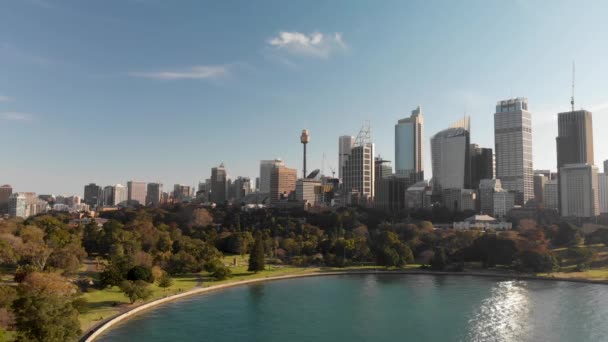 Sydney Austrália Vista Aérea Panorâmica Horizonte Cidade Famosa Área Portuária — Vídeo de Stock
