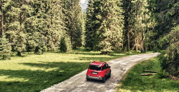 Auto Rossa Nel Bosco Attenzione Selettiva — Foto Stock