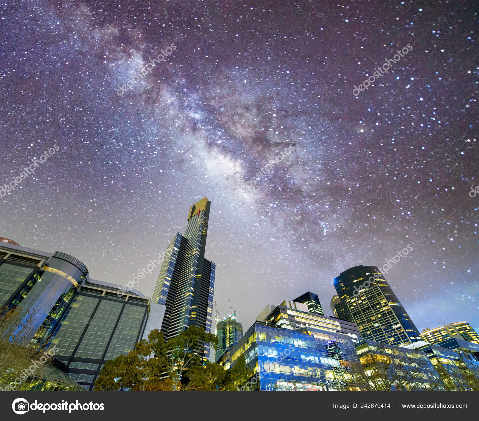 Night City View Buildings Yarra River Melbourne Stars Sky Stock