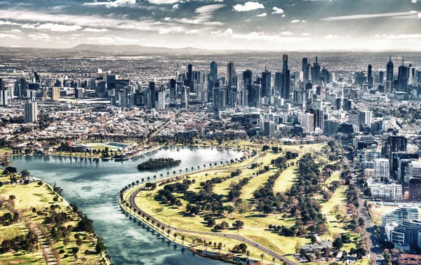 Vue Aérienne Melbourne Avec Albert Park Gratte Ciel Par Une — Photo
